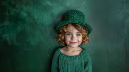 Happy young boy wearing a green knitted leprechaun hat, standing against a green background, and smiling brightly.の素材