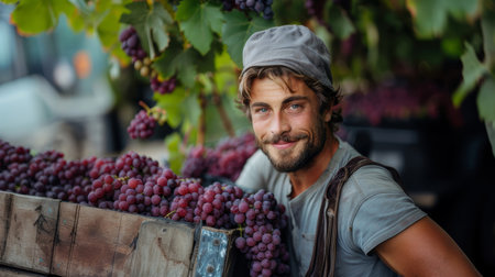 Handsome young winemaker in his vineyard during harvest season, surrounded by fresh grapes and lush vines, smiling confidently.の素材