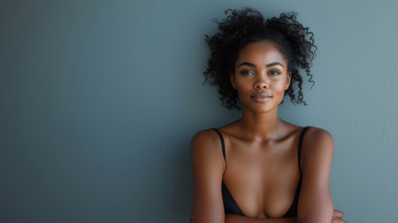 A stunning portrait of a confident African American woman with natural curly hair, standing against a blue wall, wearing a black top.の素材