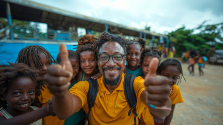 A joyful male teacher in glasses giving a thumbs up while surrounded by smiling children outdoors, showing positivity and connection.の素材