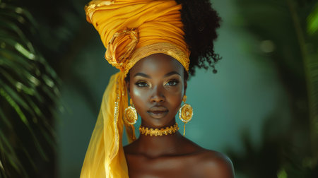 Stunning young African woman in a studio setting, showcasing an elegant yellow headwrap and matching earrings with a confident and regal expression.の素材