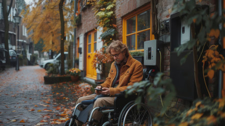 Young man in wheelchair charges an electric vehicle on a scenic autumn street, showcasing accessibility and independence.の素材