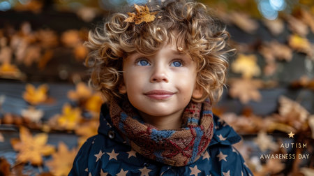 A young child with curly hair and blue eyes, enjoying an autumn day outdoors with falling leaves, celebrating Autism Awareness Day.の素材