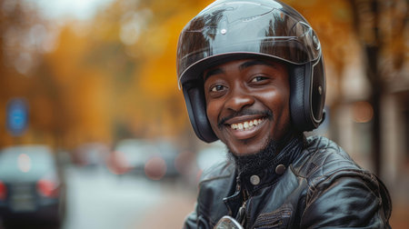 Cheerful African American man in leather jacket putting on helmet, enjoying a ride during a beautiful autumn day. Autumn colors in background.の素材