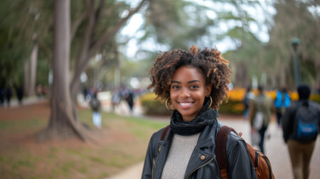Portrait of a smiling African American college student with a joyful expression, standing on a campus walkway surrounded by trees and people.の素材