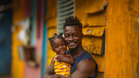 Joyful moment of a happy father carrying his adorable baby girl outdoors, with a vibrant and colorful background.の素材