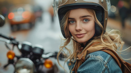 Young woman wearing a helmet riding her motorcycle in an urban setting. Confident expression and stylish appearance. Modern lifestyle and transportation.の素材