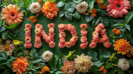 Beautiful floral arrangement spelling 'India' with colorful orange, white, and green flowers on a lush green background. Perfect for celebrations and ornamental displays.の素材