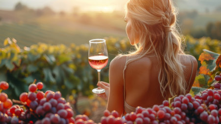 A young woman holds a glass of red wine while standing in a picturesque vineyard at sunset, surrounded by ripe grapes.の素材