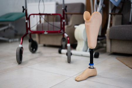 Prosthetic leg standing in a rehabilitation center alongside a walker, symbolizing recovery and mobility support through modern assistive technology in healthcare.の写真素材