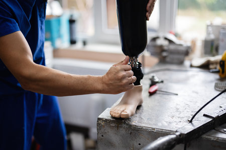 A skilled technician carefully adjusts a prosthetic leg in a workshop. The focus is on detail and...