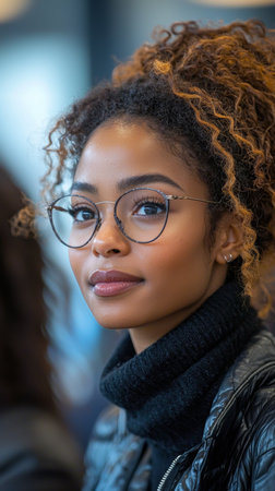 Portrait of a confident student wearing glasses in a university classroom. She is attentive and engaged, exuding a sense of focus and intelligence in an academic environment.の素材