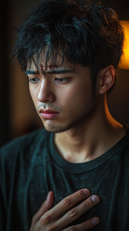A young japanese man stands indoors with a contemplative expression, hand on chest, capturing a moment of deep thought and introspection.の素材