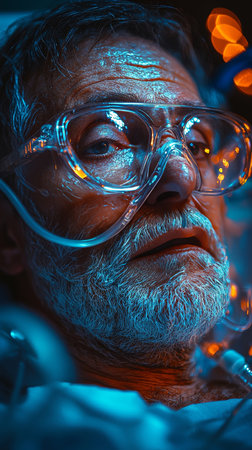 Close-up of an elderly man lying in a hospital bed with an oxygen mask, conveying a sense of vulnerability and medical care in a critical condition.の素材