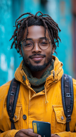 A cheerful person with braided hair and glasses smiles confidently, holding a phone while dressed in a vibrant yellow jacket. The urban background adds a dynamic feel to the portrait.の素材