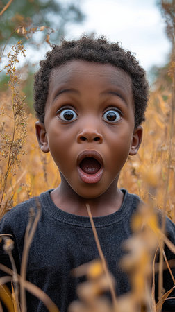 Portrait of a young boy with a surprised expression standing amongst dry grass in a park. The image captures the essence of childhood curiosity and wonder in a natural setting.の素材