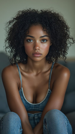 A thoughtful young woman in denim is sitting on a sofa, reflecting and contemplating while looking directly at the camera indoors.の素材