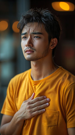 A young man stands indoors with a hand on his chest, expressing deep thought and emotion. His introspective gaze suggests contemplation or gratitude in a warm setting.の素材