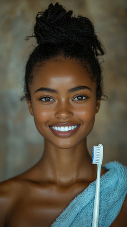 Portrait of a smiling woman wrapped in a towel, holding a toothbrush, showcasing dental hygiene and natural beauty.の素材