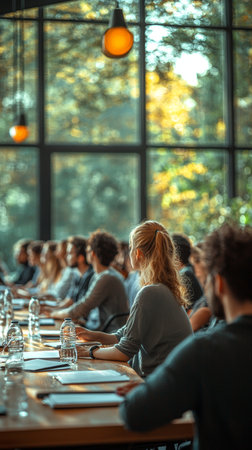 Group of professionals attending a seminar in a bright, modern conference room. Participants are focused and engaged, highlighting teamwork and collaboration in a corporate environment.の素材
