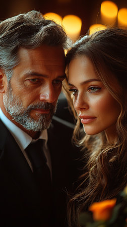 A close-up of a thoughtful couple sharing an emotional moment during a solemn ceremony, conveying a sense of intimacy and reflection.の素材