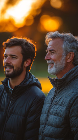 A father and son enjoy time together on a golf course, sharing a moment at sunset. Captures warmth and connection in a serene outdoor setting.の素材
