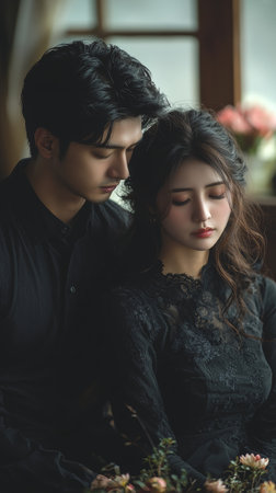 A somber moment with a couple dressed in black, comforting each other while mourning their loss at a funeral. The scene captures a deeply emotional and intimate connection.の素材
