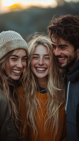 A group of four joyful friends laughing and enjoying a fun moment outdoors. This image captures friendship, happiness, and togetherness in a natural setting.の素材