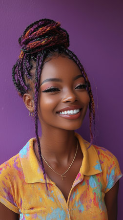 A cheerful Gen Z woman with vibrant two-tone braids smiles confidently against a colorful purple backdrop, wearing a colorful shirt and gold necklace.の素材