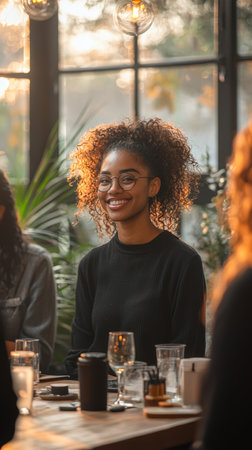 A cheerful young woman with glasses smiles in a sunlit modern office space. She is surrounded by colleagues, reflecting a relaxed and pleasant work atmosphere.の素材