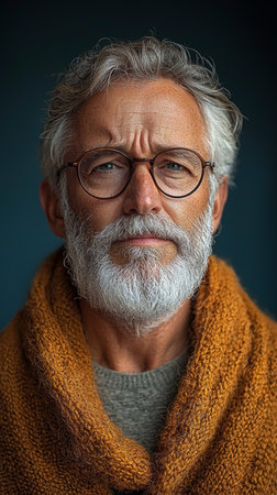 Close-up of a mature man with glasses and a beard, wearing a cozy knitted scarf, conveying wisdom and contemplation against a dark background.の素材