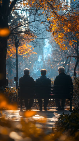 Three elderly men sit on a park bench, reflecting amidst autumn leaves, with holographic figures symbolizing memory or loss. The setting evokes contemplation and nostalgia.の素材