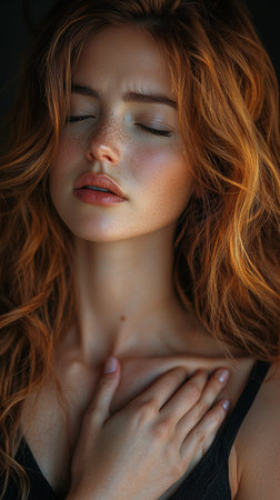 Close-up portrait of a woman with red hair, eyes closed, and hand on her chest, portraying stress and emotion. The image captures feelings of tension and introspection.の素材