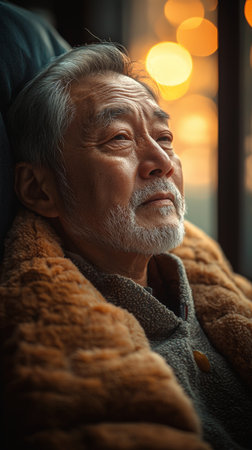 A close-up of a senior Asian man wrapped in a warm coat, thoughtfully gazing out a window. The soft evening light creates a peaceful and reflective atmosphere.の素材