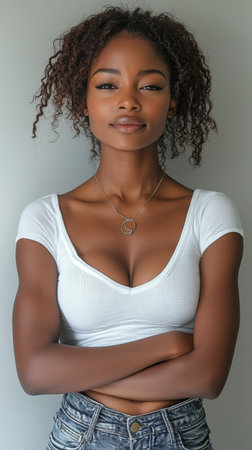 Portrait of a confident woman with natural curly hair wearing a white top and jeans, embodying strength and style. Perfect for themes of empowerment and personal expression.の素材