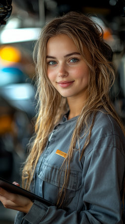 A young, smiling female mechanic in a gray uniform confidently holds a tablet. She exudes professionalism and friendliness, embodying modern technology in the automotive industry.の素材