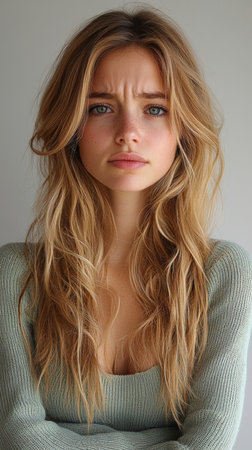 Portrait of a young woman with long, wavy hair expressing discomfort or pain. Captured in a studio setting with natural lighting, the image conveys feelings of unease and concern.の素材