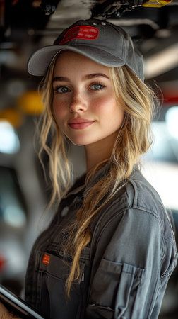 A young, smiling female mechanic dressed in a grey uniform stands confidently in a garage setting. Her braided hair and casual pose convey professionalism and skill in a traditionally male-dominated industry.の素材
