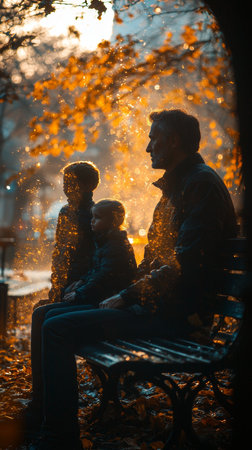A thoughtful silhouette of a father and two children sitting on a park bench, surrounded by golden autumn leaves at sunset. The scene captures reflection, family bonding, and seasonal change.の素材
