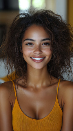 Close-up portrait of a cheerful woman smiling warmly. Captured indoors with natural lighting, conveying happiness and positivity through her bright expression.の素材