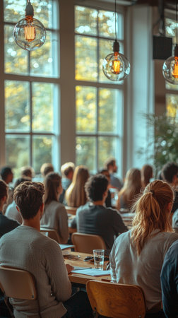 Group of business professionals gathered in a modern seminar room with large windows and stylish lighting, engaged in learning and development.の素材