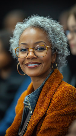 A confident and joyful African American woman with glasses and gray hair smiles warmly during a public gathering. Perfect for concepts of happiness and success.の素材