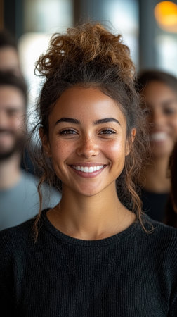 Cheerful portrait of diverse colleagues smiling together in a modern office setting. The image conveys a sense of teamwork, inclusivity, and happiness among professionals.の素材