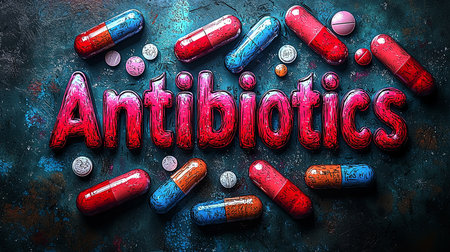 Artistic representation of antibiotics with vibrant capsules forming the word. Captures the essence of medical treatment and pharmaceutical concepts in a visually engaging manner.の素材