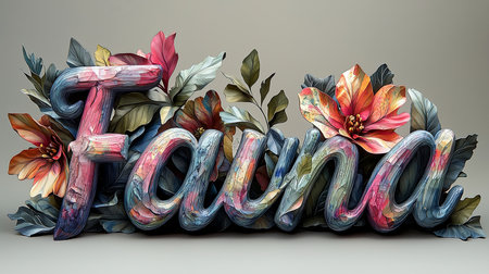 A vibrant, artistic representation of the word 'Fauna' surrounded by colorful flowers and leaves, creating a lively botanical design. Perfect for nature-themed creative projects.の素材