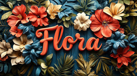 An artistic display of vibrant flowers surrounding bold 'Flora' lettering, showcasing a mix of red, blue, and cream hues. Perfect for nature-themed designs and garden-inspired projects.の素材