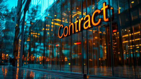 An illuminated 'Contract' sign reflects on a modern glass building, creating a professional business environment. The vibrant colors enhance the urban and corporate atmosphere.の素材
