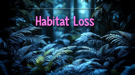 Illustration depicting habitat loss with dense forest foliage. Highlights environmental issues and the impact on biodiversity. Dark, moody atmosphere emphasizing conservation needs.の素材