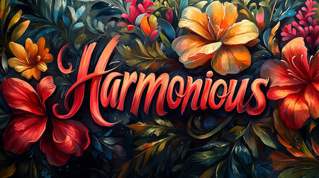 A beautiful illustration featuring the word 'Harmonious' elegantly written among vibrant, colorful flowers, conveying a sense of tranquility and balance.の素材