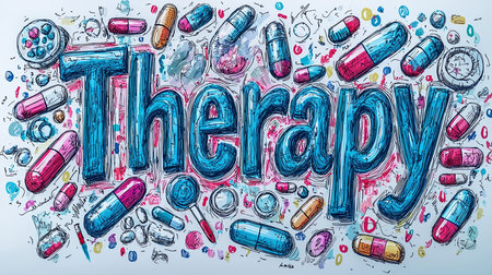 In a vibrant hospital theme, the word 'therapy' is surrounded by colorful hand-drawn pills, conveying a concept of healthcare and healing through medication and treatment.の素材